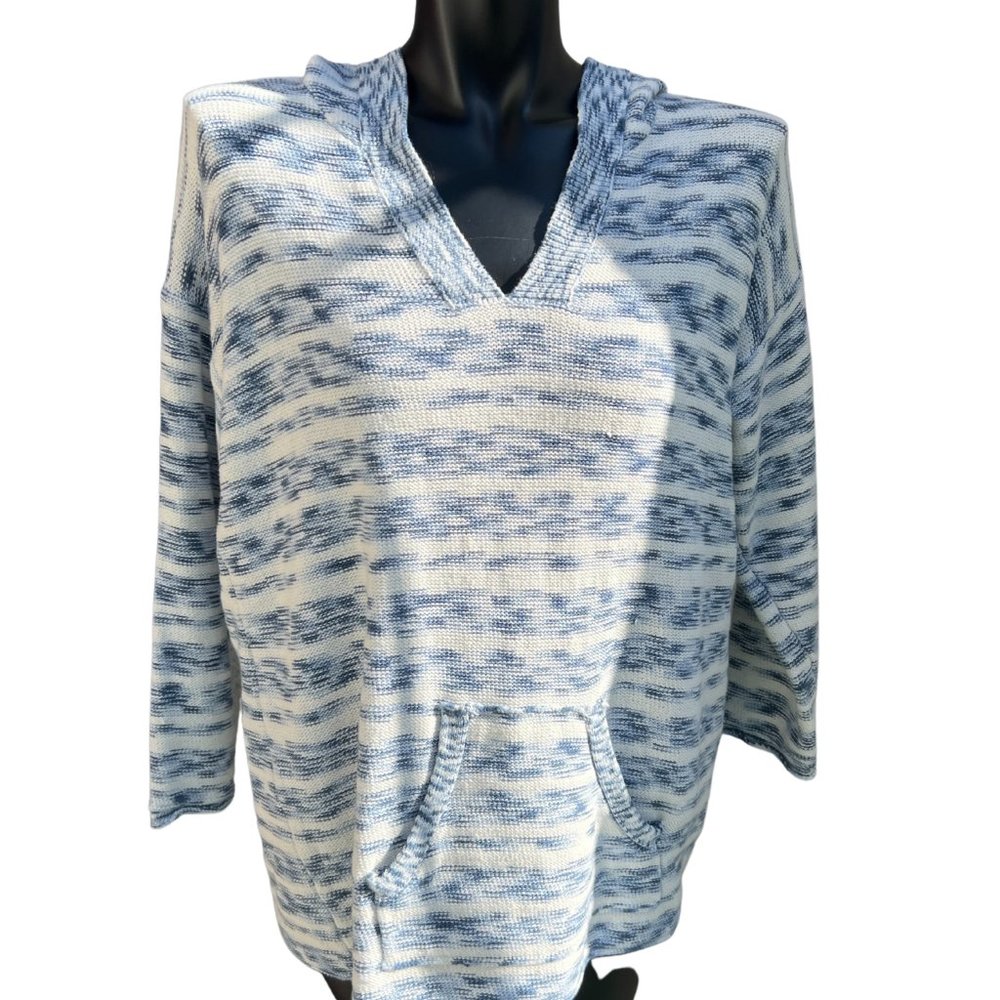 Neon Buddha Long Sleeve Knitted Hoodie Pullover Side Pocket Blue & White Size L